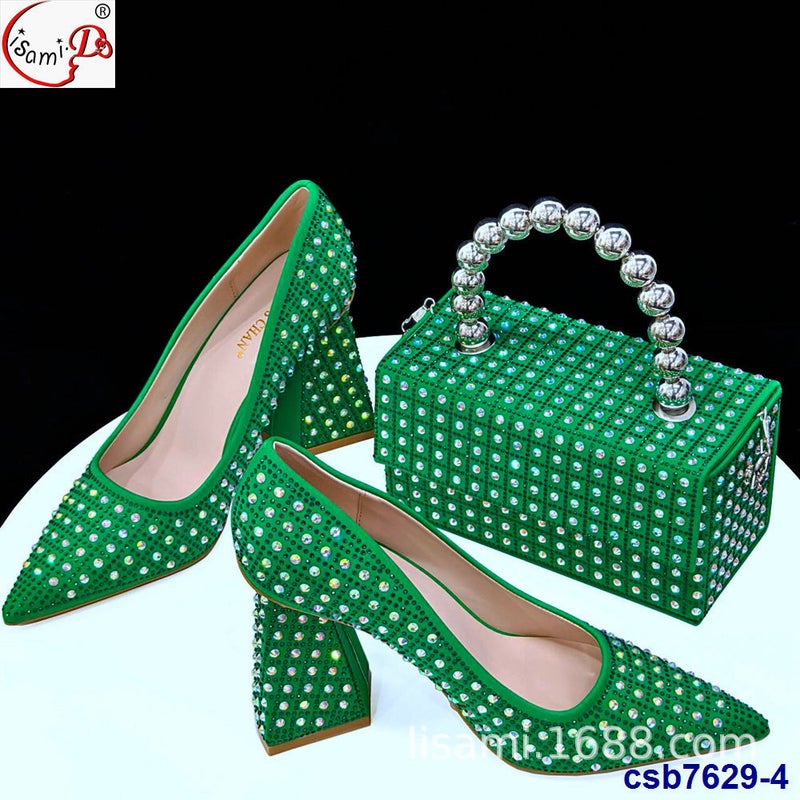 High-Heeled Check Small Flash Diamond Overshoes With Box-Shaped Hand Bag Suit Shoes And Bag Set - Image 1
